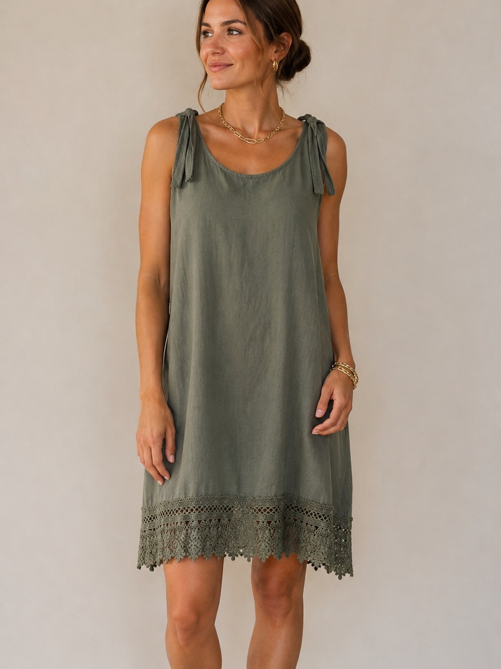 Rosemarine Women’s Sleeveless Tie-Shoulder Dress with Crochet Hem 100% linen